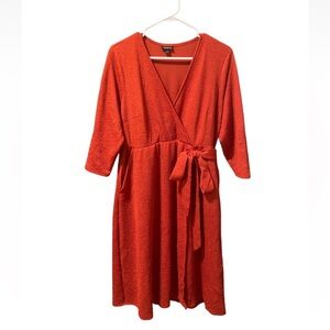 Torrid Size 1 Orange Red Surplice 3/4 Sleeve Faux Wrap Dress Knee Length Knit